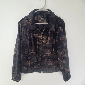 Tribal Bomber Jacket Womens 14  Black Copper Gold Abstract Antiqued Brass Metali